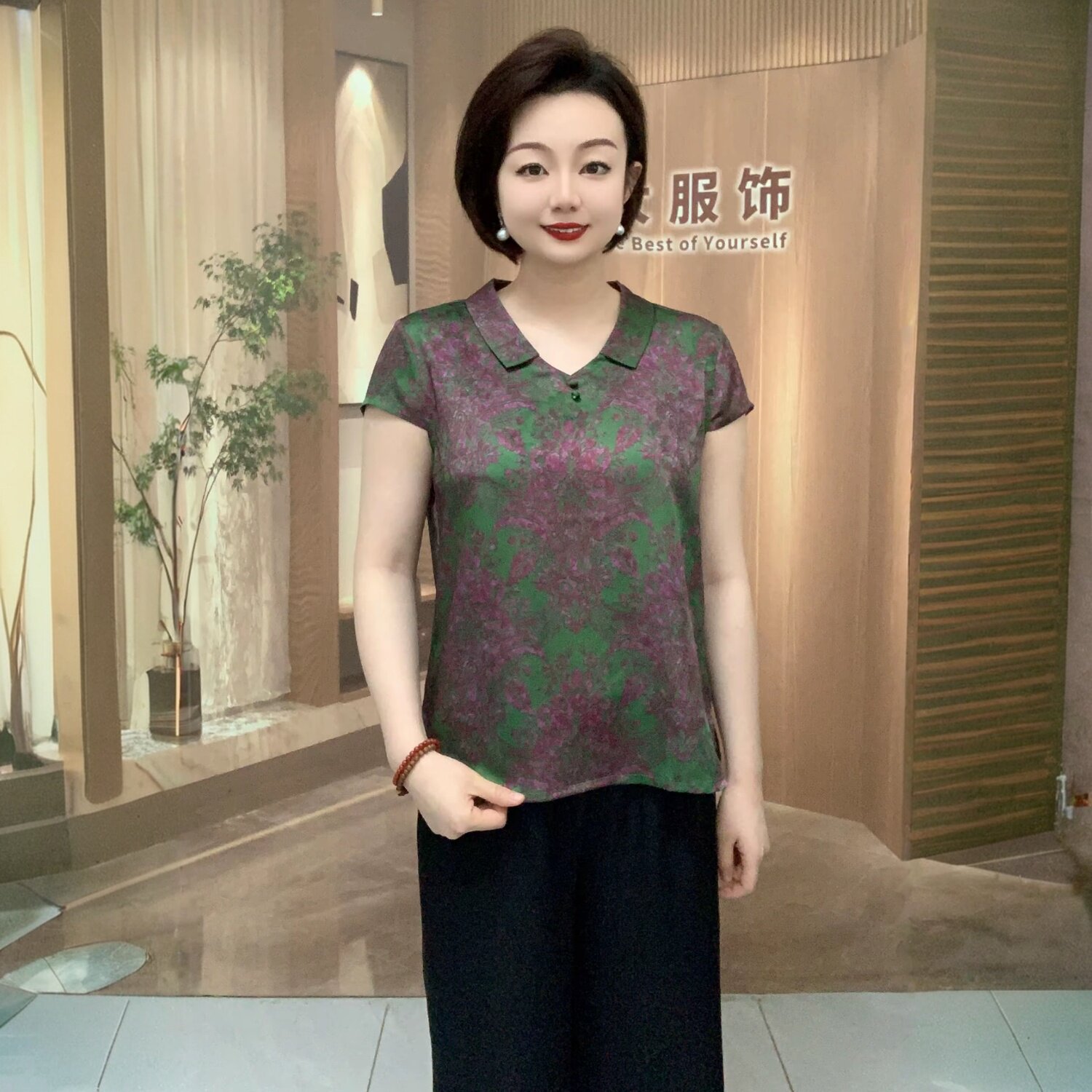 夏季新款国风醋酸短袖洋气娃娃领旗袍衫上衣中年妈妈宽松遮肉小衫