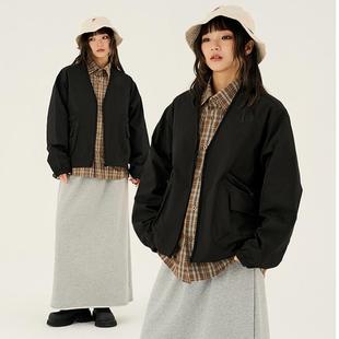 日系纯色多口袋工装外套女中性bf宽松显瘦V领户外运动简约短外套