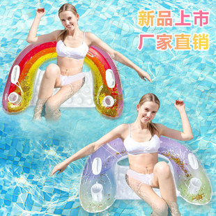 亮片水墨U型座椅浮排带杯座可做可躺充气浮排水上浮床 跨境新品