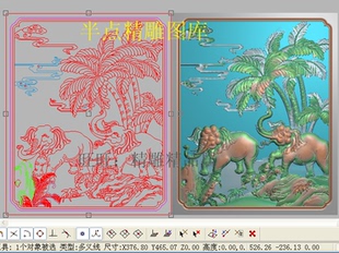 象高清精雕图灰度浮雕电脑雕刻图大象高几面板精品椰树方门山水新