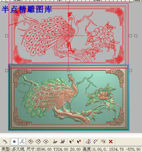 孔雀精雕图浮雕图灰度图孔雀开屏牡丹花鸟背板新檀雕孔雀596-324