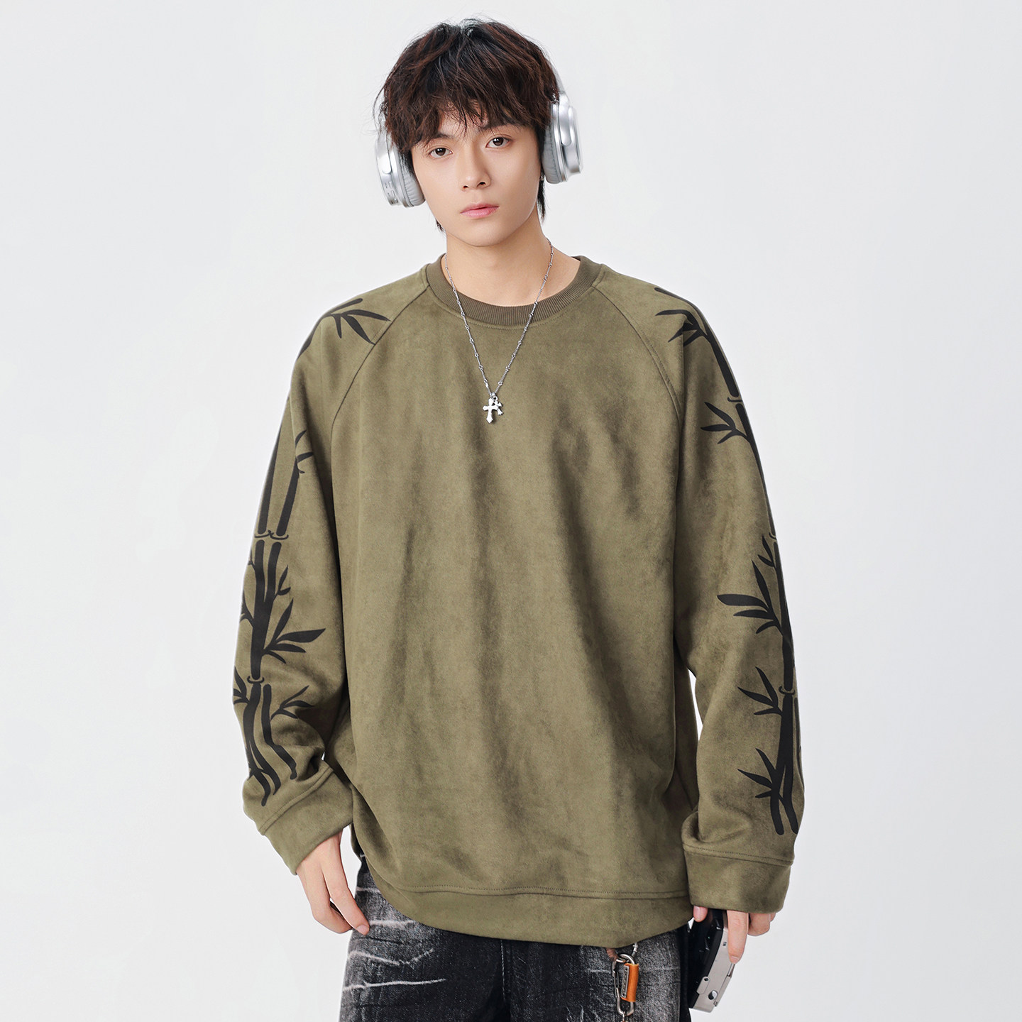 圆领套头卫衣男士春季新款学生日系复古印花潮流休闲情侣衫