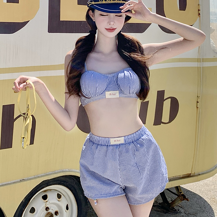 2025新款泳衣女分体三件套条纹显瘦遮肚保守泡温泉度假女士游泳装