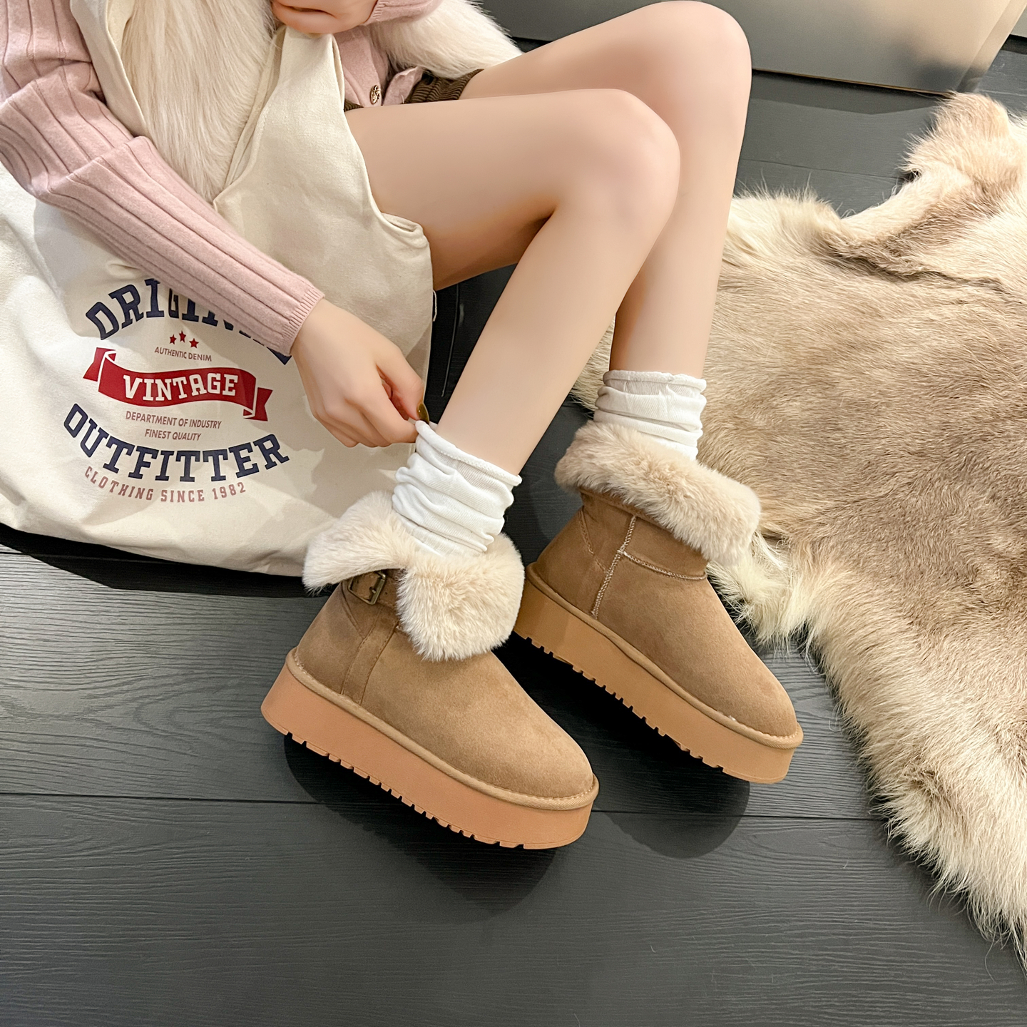 厚底雪地靴女款2025冬季新款爆款加绒加厚保暖翻边两穿毛毛棉鞋子
