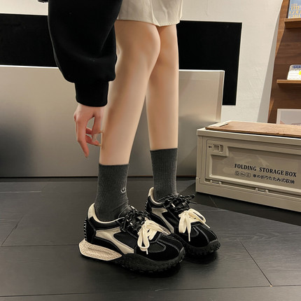 真皮内增高德训鞋女2026秋季新款黑色小个子厚底休闲运动阿甘鞋子