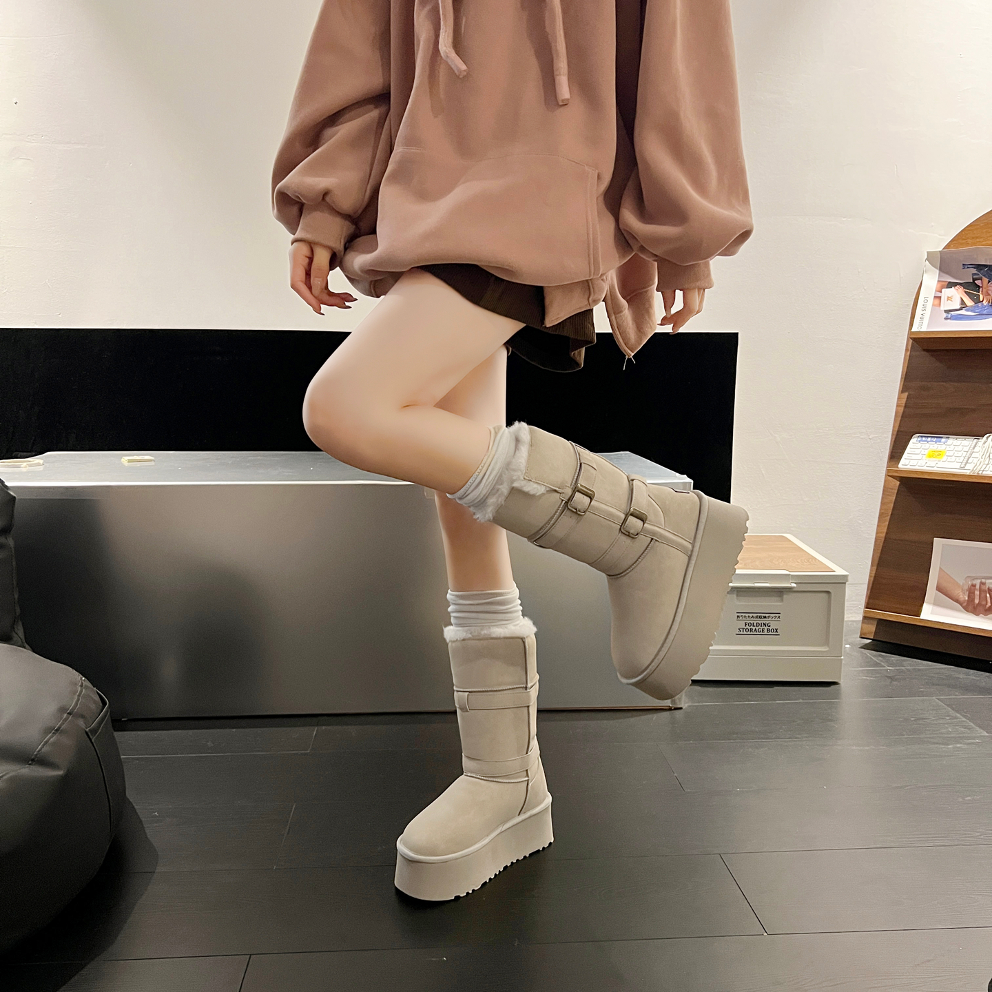 防水加绒加厚中长筒雪地靴女款内增高2025冬季新款小个子厚底棉鞋