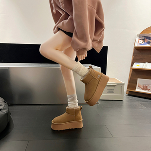 厚底内增高雪地靴女款2025新款冬季加绒加厚短筒皮面防水雪地棉鞋