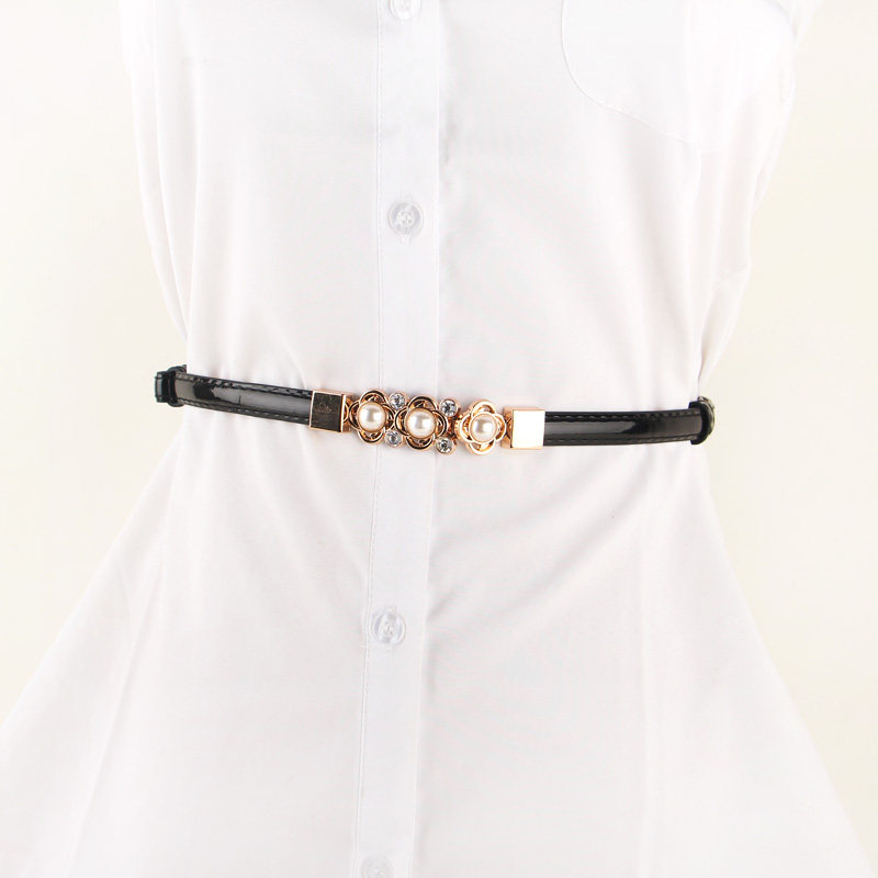 女款可调节珍珠对扣简约百搭腰带