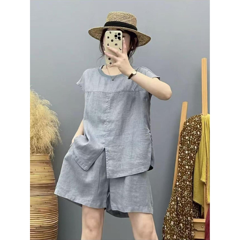 亚麻套装2025夏季新款宽松背心衬衫上衣松紧腰短裤套装女士薄外套