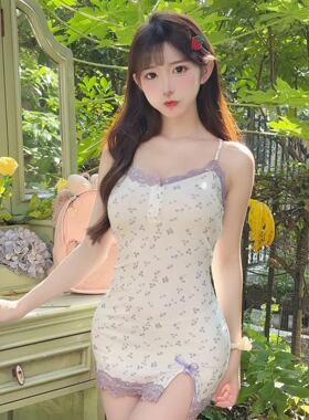 纯欲少女睡衣紫色蕾丝碎花莫代尔舒适吊带超短修身紧身连衣睡裙