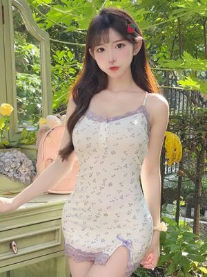 纯欲少女睡衣紫色蕾丝碎花睡裙