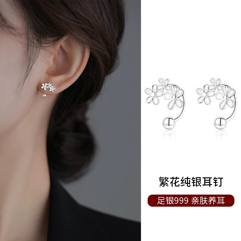 s999纯银清新甜美花朵螺丝耳钩女复古高级感耳挂式繁花耳环银饰品