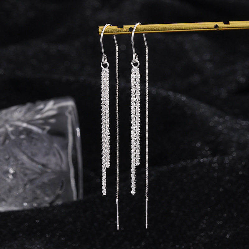 s925纯银波光粼粼耳线韩版小众满天星轻奢高级感百搭长款流苏耳环