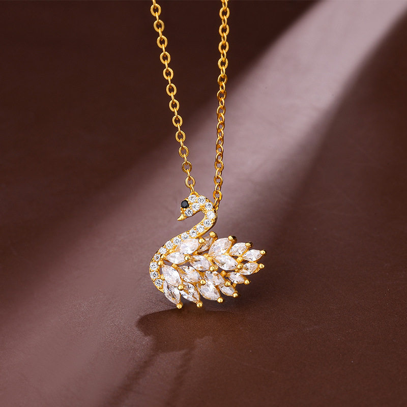 S925纯银满钻小天鹅项链女法式轻奢高级感吊坠小众小香风锁骨链