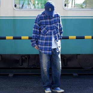 williamin shredded check shirt手工石磨酵素水洗复古格长袖衬衣