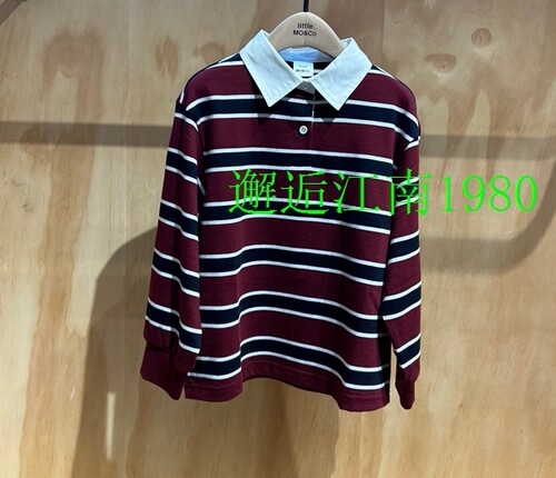 little moco专柜正品25年冬款女童宽松翻领条纹T恤KBE4TEE013