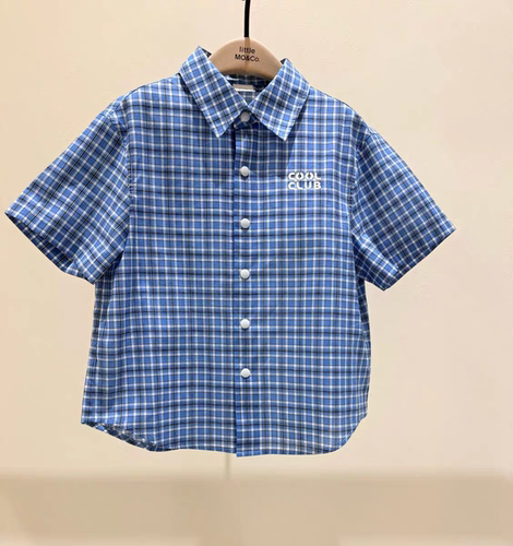 little moco童装26夏装新款男童字母印花格纹短袖衬衫KBF2SHT010