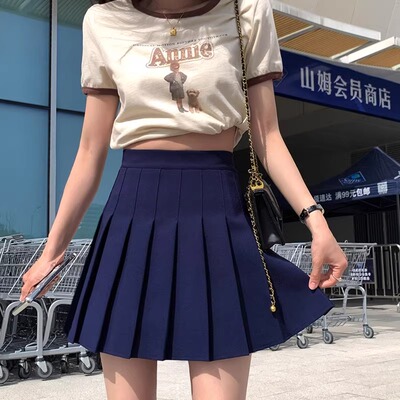 藏蓝百褶裙女高腰显瘦2026春夏