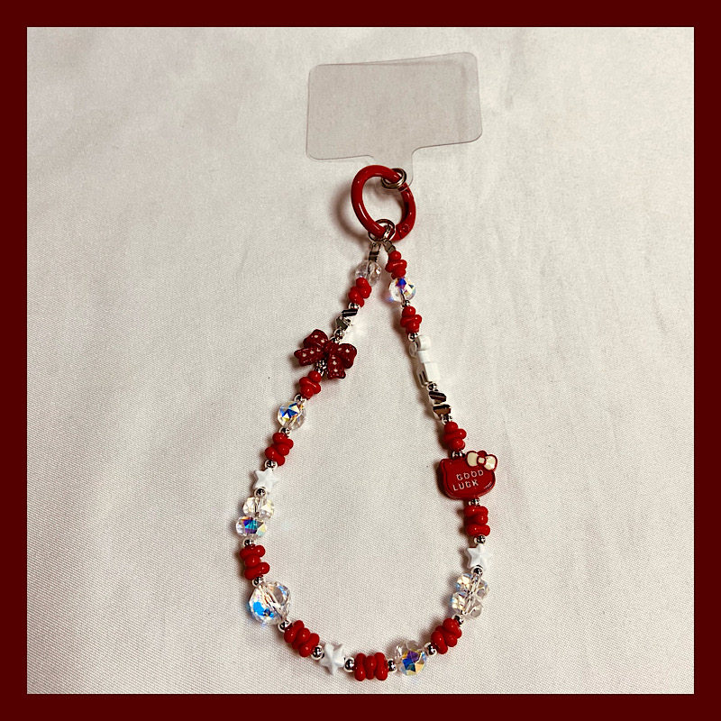 可爱少女手机链红色手腕款手链夹片式猫咪蝴蝶结挂链手工串珠挂绳