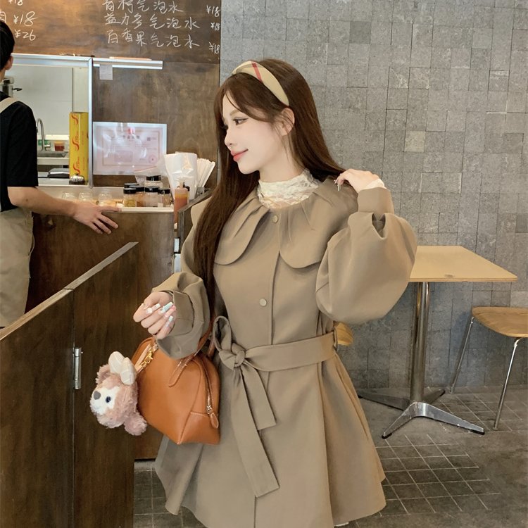小香风娃娃领风衣外套女短款收腰2025春装新款爆款卡其色大衣