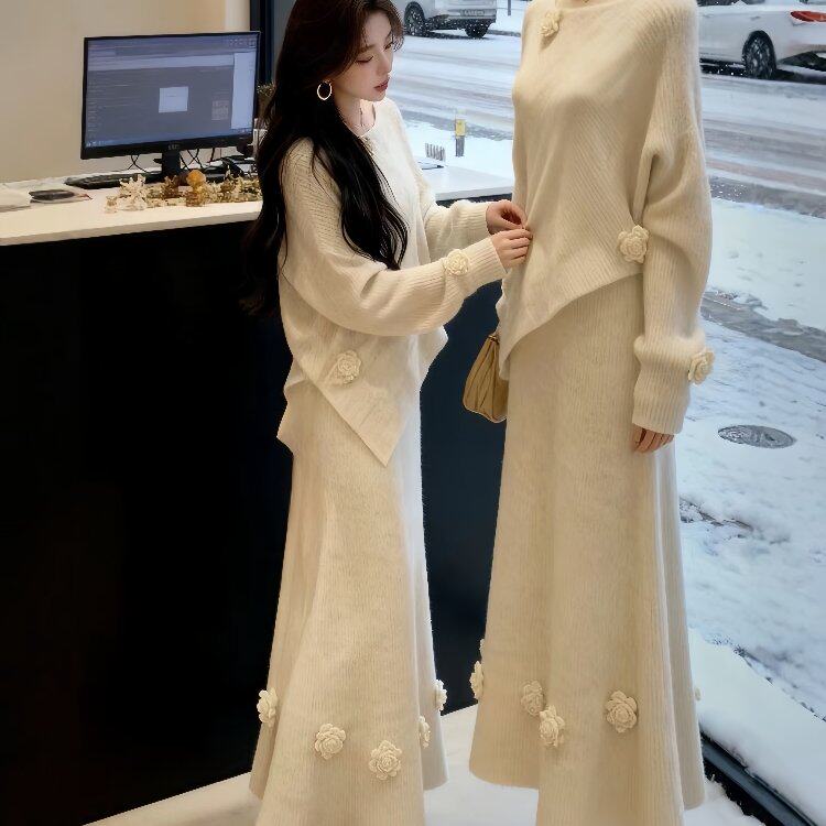 秋冬装穿搭一整套2026超火巨好看独特漂亮设计感针织毛衣裙子套装