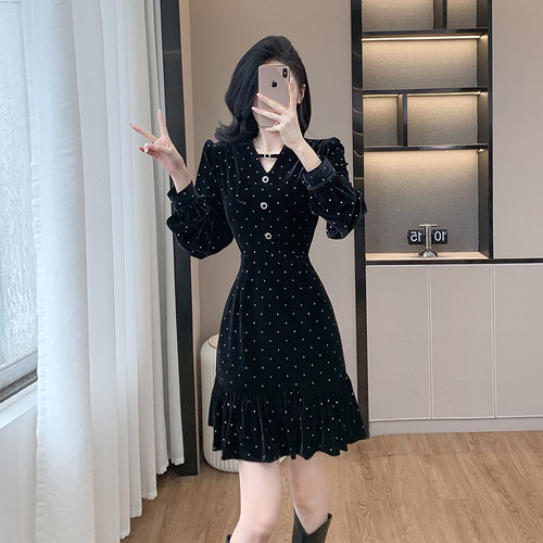 高级感鱼尾小黑裙子超好看气质垂坠感丝绒连衣裙9566