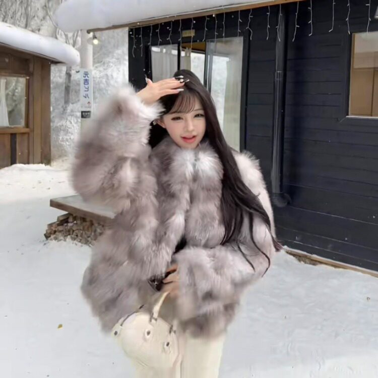 双色晕染环保立领狐狸毛环保毛毛大衣冬季撞色时尚新款皮草外套女