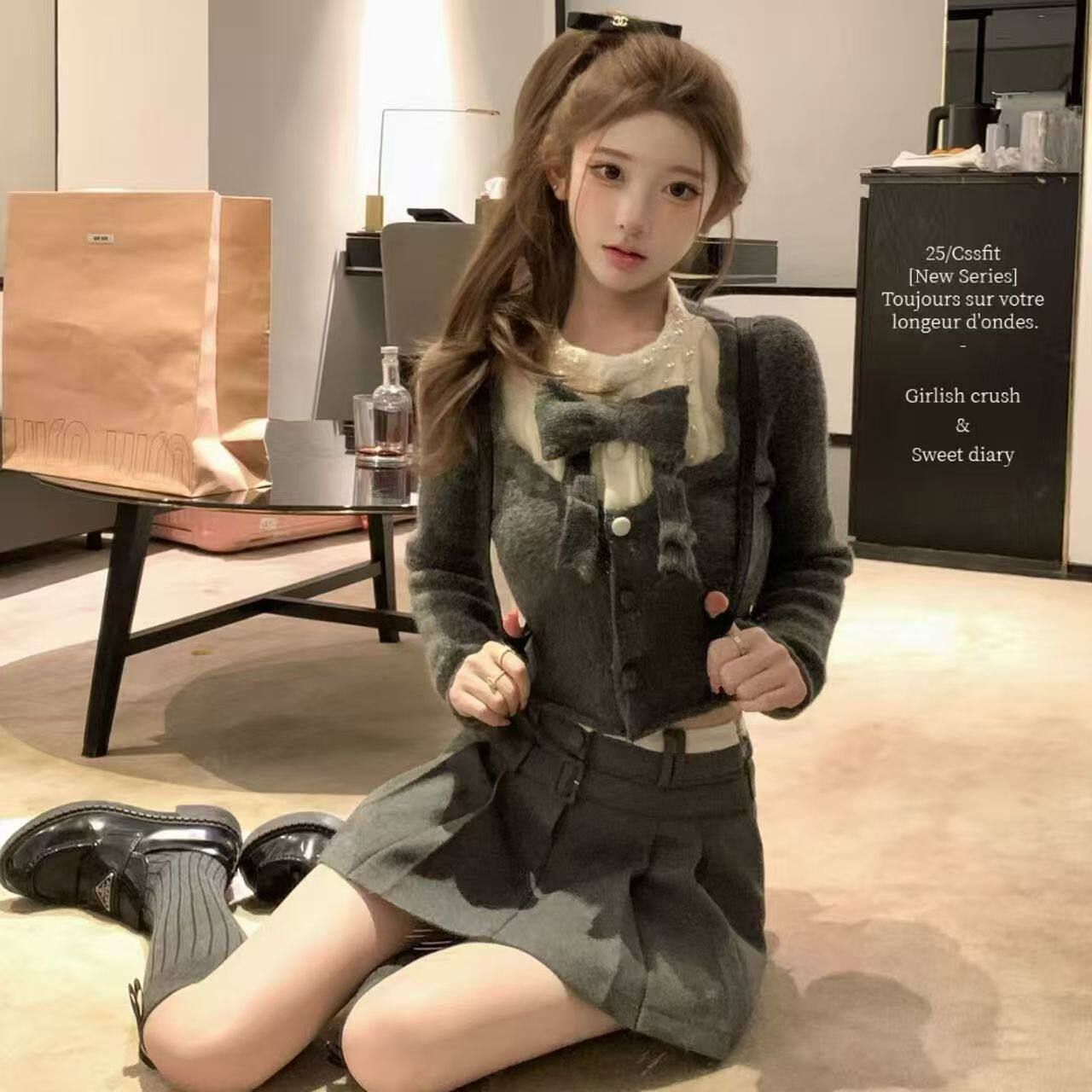韩版学院风时尚套装秋冬新款设计感蝴蝶结气质针织衫百褶裙两件套