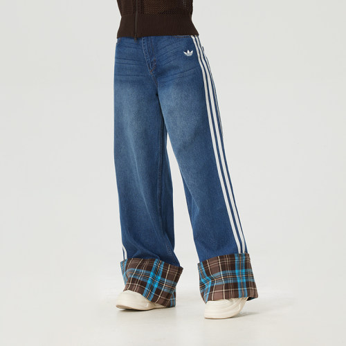 正品ADIDAS阿迪达斯三叶草三条纹刺绣LOGO女牛仔休闲长裤KW2093