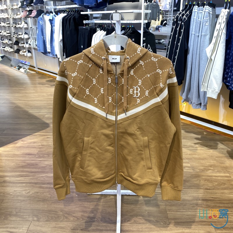 正品MLB简约LOGO拼接百搭男女运动休闲连帽针织夹克外套3ATRM0144