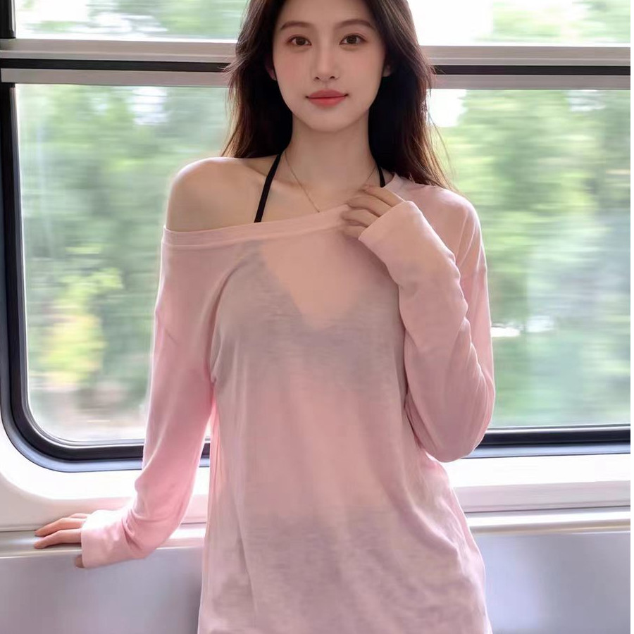 天丝罗纹 斜肩罩衫女夏季薄款防晒衫上衣宽松露肩小个子长袖t恤