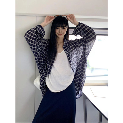 韩版慵懒风蓝格子防晒衬衫女春夏复古宽松薄款长袖外套