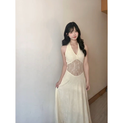 法式网纱提花v领挂脖连衣裙女装夏季海边度假气质收腰礼服长裙子