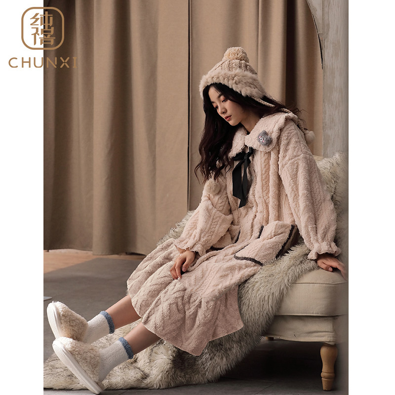 睡衣女冬季珊瑚绒2021年新款睡袍加厚加绒中长款法兰绒浴袍家居服