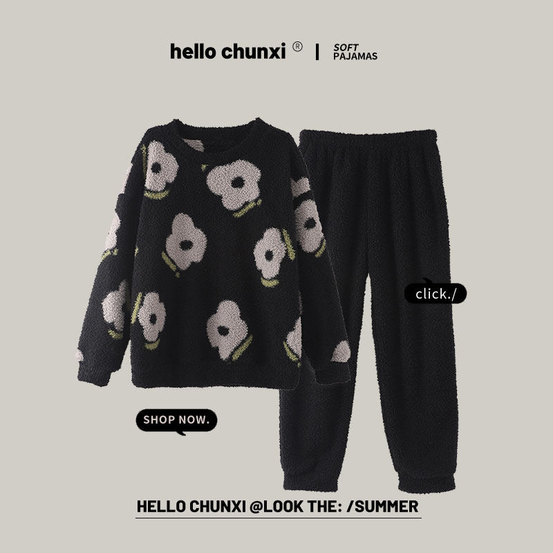 秋冬新款珊瑚绒睡衣女卡通可爱家