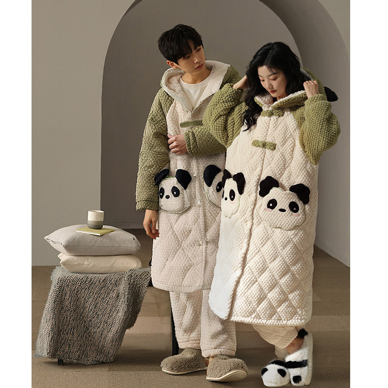 三层夹棉加厚睡衣女长款情侣装睡袍冬款连帽大码青少年可爱家居服