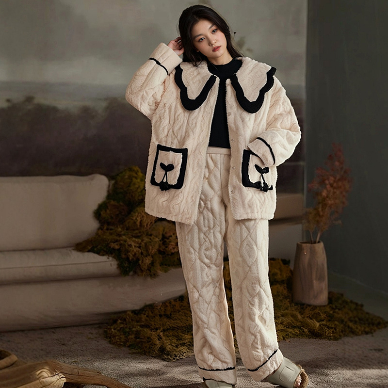 秋冬款睡衣女夹棉绒三层加绒加厚