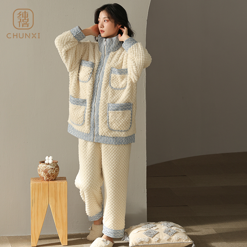 秋冬季睡衣女珊瑚绒加厚加套装