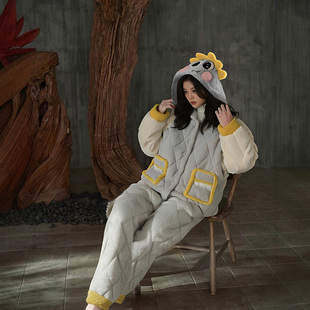 卡通睡衣女珊瑚绒三层夹棉冬季连帽家居服可外穿冬天学生棉服套装
