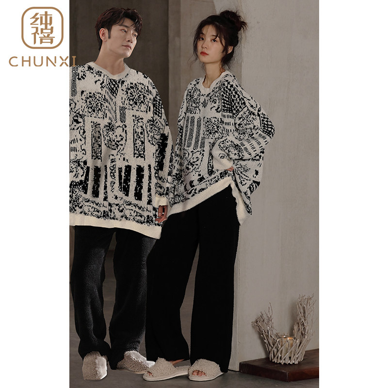 情侣睡衣女冬季珊瑚绒2024年新款家居服男士冬天加绒加厚两件套装