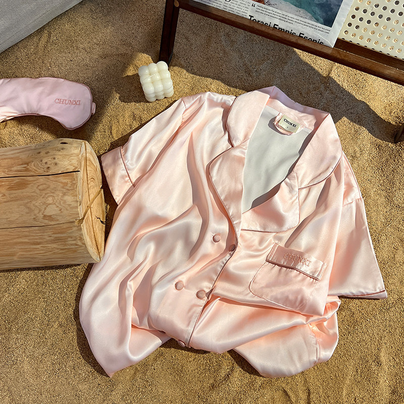 睡衣女冰丝夏天短袖长裤三件套女款夏季丝绸家居服大码可外穿套装