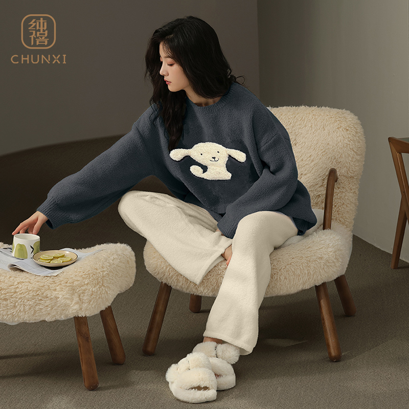 睡衣女秋冬季软绵绵半边绒保暖家居服女士冬天加绒加厚珊瑚绒套装