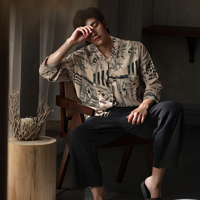 冰丝睡衣男长袖薄款大码可外穿