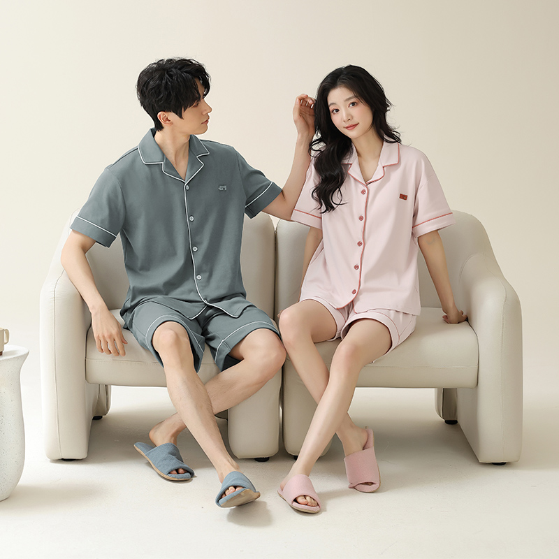 纯禧情侣睡衣女夏季短袖纯棉休闲大码男士家居服夏天凉感开衫套装