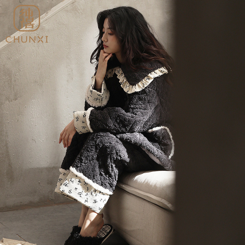 睡衣女冬季珊瑚绒2021年新款三层加厚夹棉法兰绒保暖家居服套装