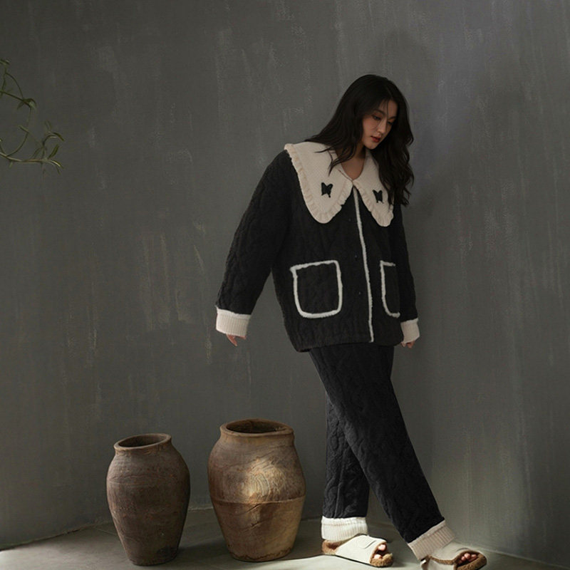 睡衣女士冬季珊瑚绒夹棉三层加厚加绒保暖家居服女棉服可外穿套装