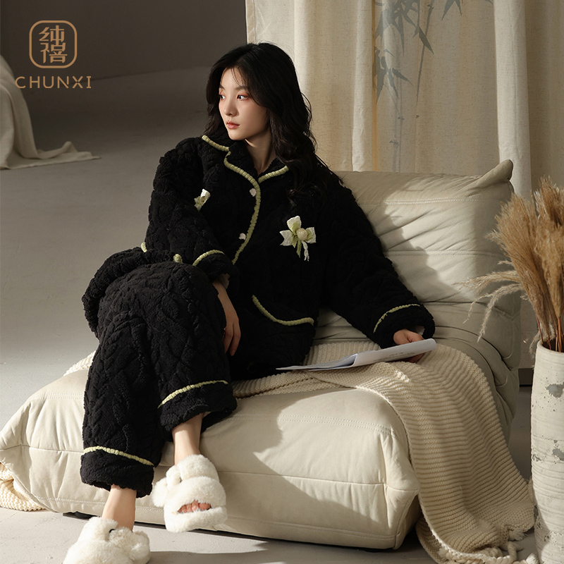 三层夹棉珊瑚绒睡衣女冬加厚加绒