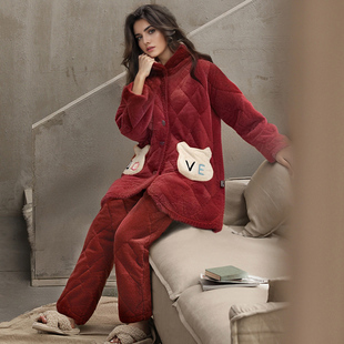 女士睡衣2024新款红色冬季三层加厚夹棉珊瑚绒连帽2025蛇年本命年