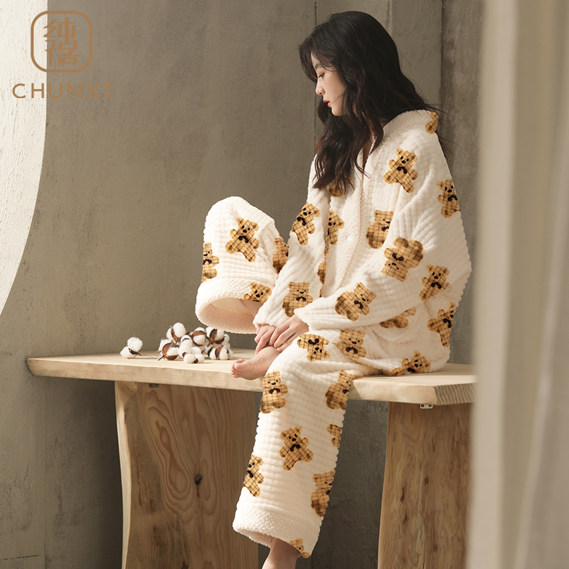 珊瑚绒睡衣女秋冬季保暖套装