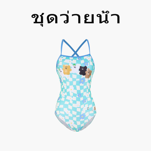 Naga swim卡通小熊格子连体泳衣女专业竞速双层带胸垫三角泳装